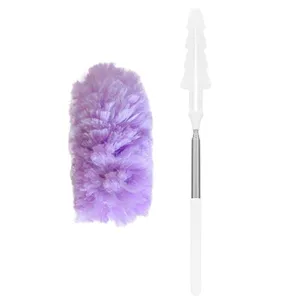 Extendable microfiber duster with fluffy purple head and white telescopic handle for home.