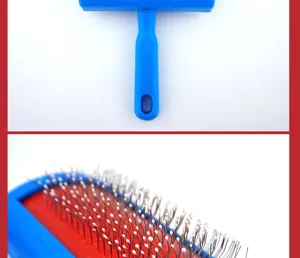 Blue pet slicker brush detail view for cats and dogs, stainless steel grooming tool.