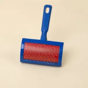 Blue handle pet slicker brush with red cushion and stainless steel pins for grooming cats and dogs