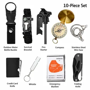 10-in-1 nood survival uitrusting set met tactisch opvouwbaar mes, kompas en vuurstarter.
