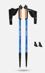 Adjustable aluminum trekking poles detail view, three-section hiking sticks with hand straps.