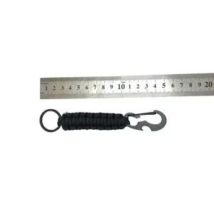 Paracord keychain with metal bottle opener carabiner, outdoor tactical backpack pendant tool.