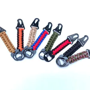 Outdoor paracord keychain with carabiner and bottle opener, durable survival lanyard.