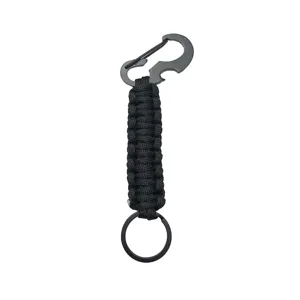 Black paracord keychain with multi-functional carabiner bottle opener for outdoor use.