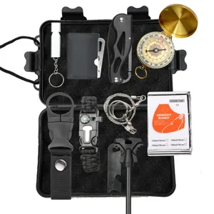 Noodsurvivalset multitool detail met compacte tactische uitrusting in de koffer.