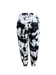 Detailed back view of casual tie-dye print lounge pants with high waist and cuffed hem.