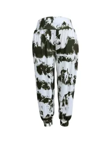 Green white tie-dye print casual women trousers high waist cuffed hem loose lounge pants detail