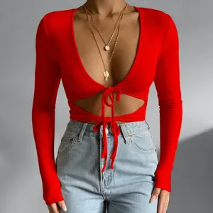 Red cutout long sleeve ribbed top detail view, sexy V-neck slim fit apparel design style.