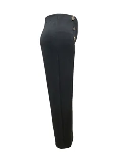 Damen schwarze lässige gerade Hose hohe Taille Seite goldene Knöpfe Frühling Sommer