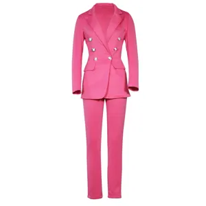 Rosa zweireihiger Blazer und gerade Hosen Set für Damen, elegante Anzugmode.