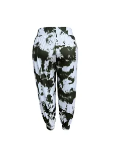 Women casual tie dye print high waist harem pants back view detail showcasing relaxed fit.