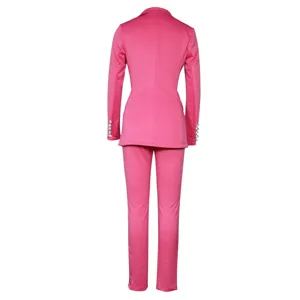 Damen rosa langarm Blazer Hosenanzug zweiteiliges Set mit Kristallknopf Details Ruckansicht