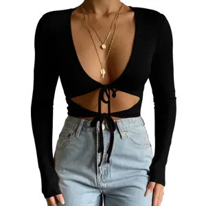Sexy low-cut tie front long sleeve crop top slim fit ribbed knit black shirt for women
