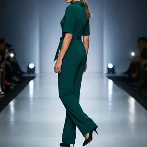 Chic emerald green lapel short sleeve wide leg jumpsuit with waist tie for women fashion.