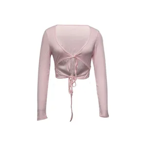 Pink long sleeve crop top detail, sexy deep V neck with stylish front drawstring cutout design.
