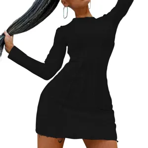 Detail view of black long sleeve bodycon dress with chic exposed seam details for stylish wear.