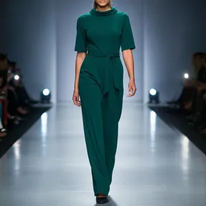 Elegant dark green wide-leg women's jumpsuit with short sleeves and chic lapel collar.