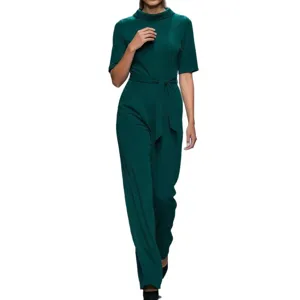 Elegant women solid color short sleeve high collar wide leg casual fashion jumpsuit with belt.