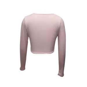 Women's pink long sleeve ribbed crop top, casual slim fit basic apparel for daily wear.