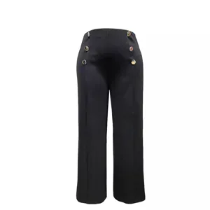 Große größen damen schwarze gerade freizeithose mit goldenen metallknöpfen hauptansicht