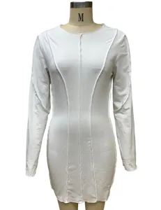 White long sleeve bodycon dress with exposed seam details, elegant and slim fit for women.