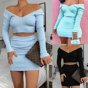 Women off-shoulder ribbed knit two piece set long sleeve crop top and mini skirt outfit.