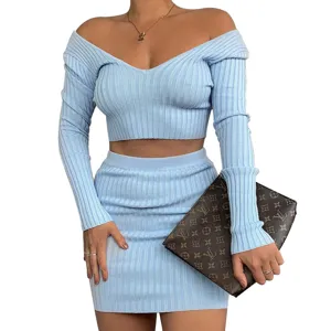 Light blue ribbed off-shoulder crop top and skirt two-piece set, stylish women clothing.