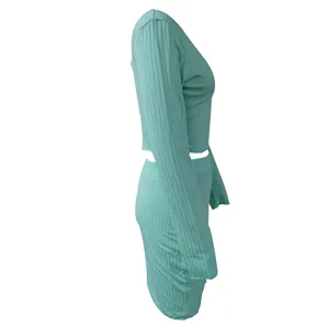 Mint green ribbed two piece set women long sleeve crop top and mini skirt outfit casual.