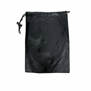 Black drawstring storage bag detail showing dimensions, durable fabric material and cord lock.
