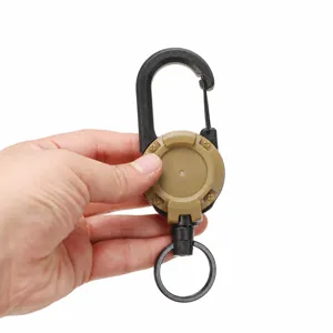 Retractable steel wire keychain detail, heavy duty carabiner badge reel for outdoor use.