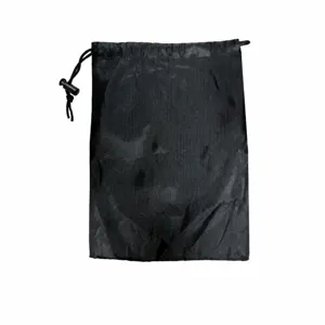 Black drawstring storage bag detail showing dimensions and adjustable cord lock for outdoor gear.