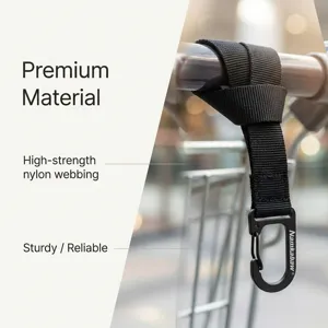 Sturdy nylon stroller hook with durable metal carabiner, perfect for bags and shopping carts.