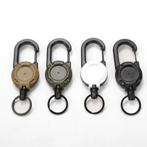Close-up detail of retractable carabiner keychains in multiple colors with strong pull cords.