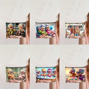 Humoristische Cartoon Oudere Vrouwen Print Canvas Make-up Tas Grote Capacità Draagbare Rits Toilettas Vrouwen Reizen Clutch