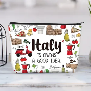 Detail view of canvas makeup bag with vibrant Italy-themed illustrations