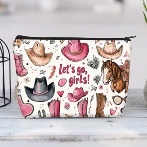 Detailed view of canvas cosmetic bag with western cowboy boots and hat print