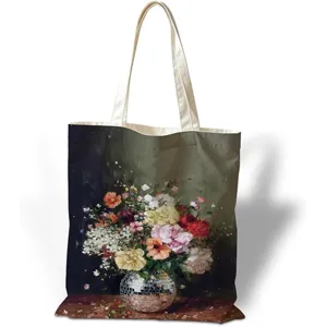Dettaglio della stampa vintage di pittura a olio floreale su grande borsa di tela