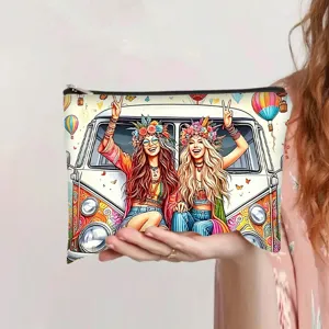 Bohemian canvas make-up tasje met kleurrijke hippie meisje en retro bus print