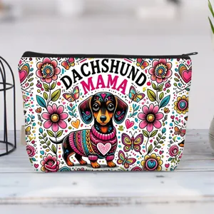 Vibrant canvas makeup bag featuring a colorful dachshund mama and floral illustration