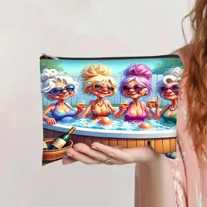 Canvas make-uptas met levendige cartoonprint van oudere dames in een bad