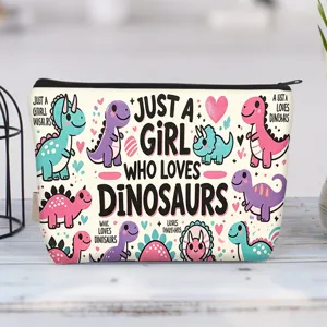 Detailed view of the canvas makeup bag featuring a cute dinosaur print for girls