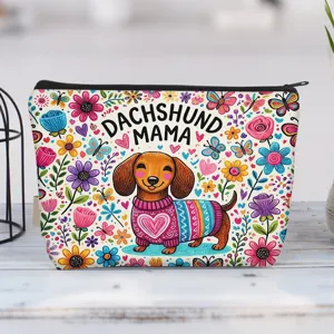 Vibrant detail of a canvas makeup bag featuring cute dachshund mama illustration