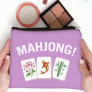 Paarse polyester cosmetische tas met Mahjong-print en tekstontwerp.