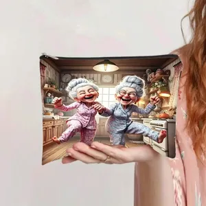Detail van de canvas make-up tas met vrolijke dansende oma's in een 3D-cartoonstijl
