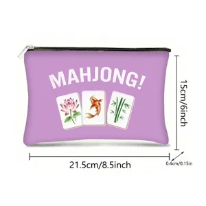 Gedetailleerde afmetingen van de paarse polyester ritszak met Mahjong-print 21,5 x 15 cm