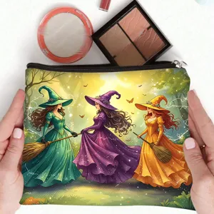 Detailed view of canvas makeup bag featuring fantasy witches illustration with cosmetics