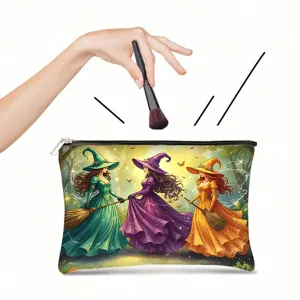 Close-up detail of fantasy witch watercolor print on canvas makeup bag zipper pouch