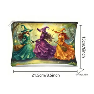 Detailed fantasy witch watercolor print on canvas cosmetic bag with 15x21.5cm size markings