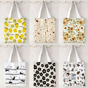 Bolso Totem de Lona Artístico para Mujer Ecológico Reutilizable Gran Capacidad Bolso de Hombro Estampado Floral Bolsa de Compra