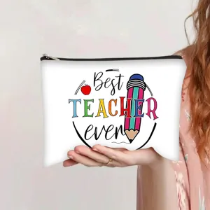 White canvas pencil case with Best Teacher Ever print and colorful pencil graphics